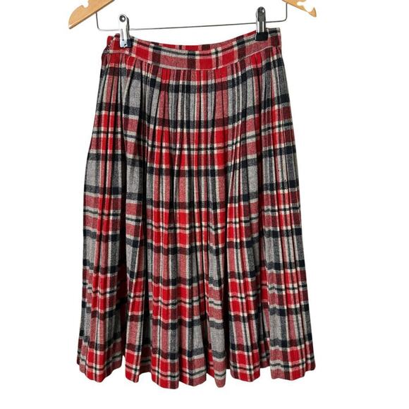 Vintage 70s Wool Pleated Skirt Red Gray Plaid Tartan‎ High Waist, Size Small - Picture 6 of 10